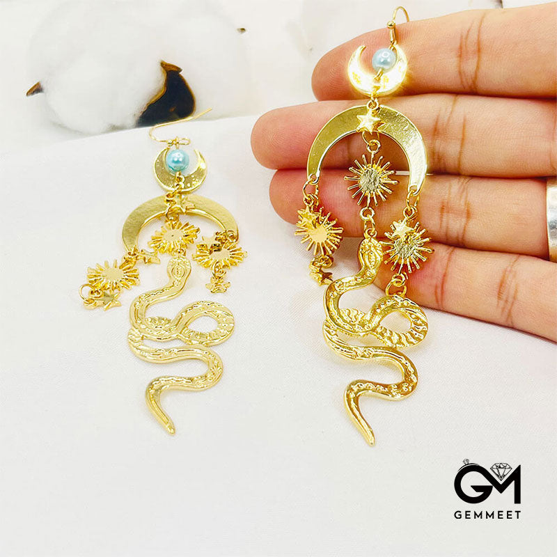 Creative Bohemian Tahiti Pearl Gold Moon Snake Earrings