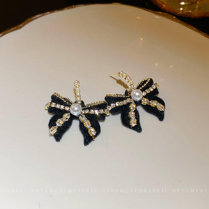 Silver Needle Zircon Bow Pearl Earrings