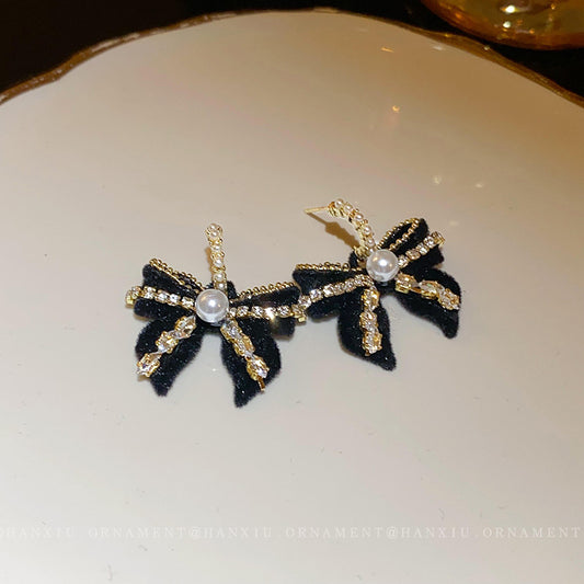 Silver Needle Zircon Bow Pearl Earrings