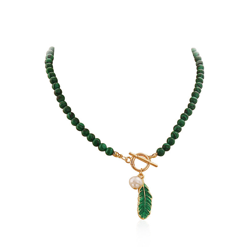 Malachite Leaf Pearl Drop Oil Necklace