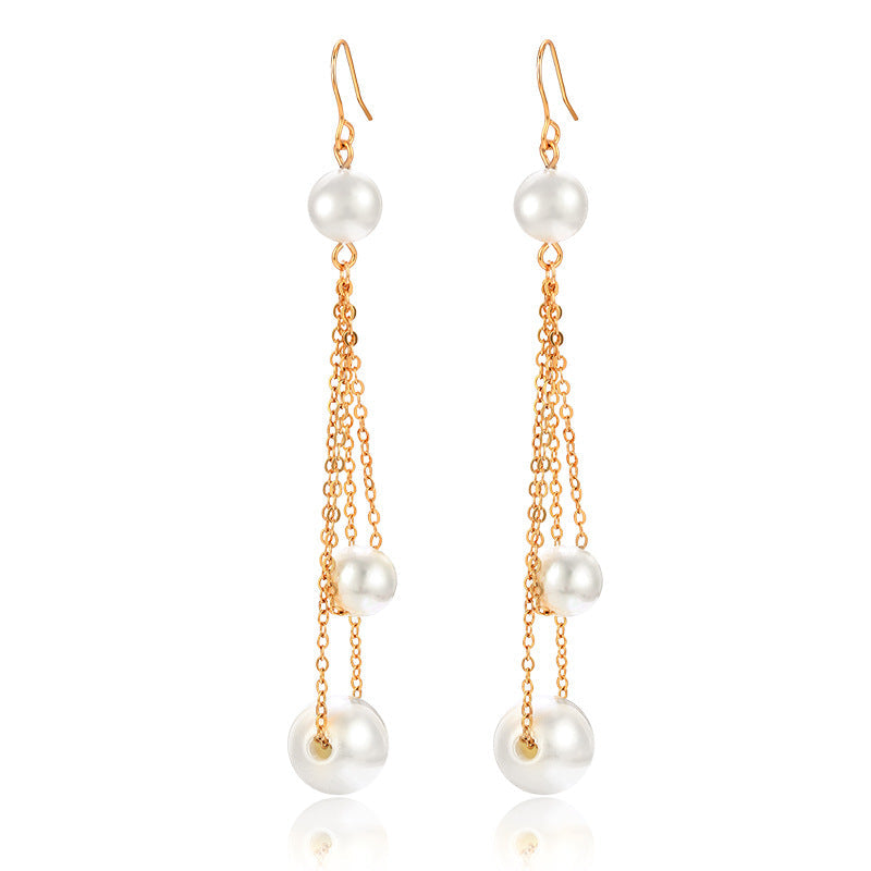 K Gold Long Tassel Imitation Pearl Earrings