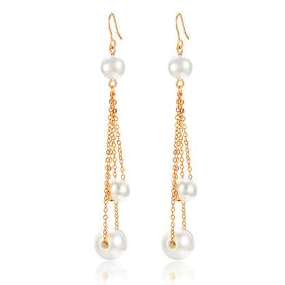 K Gold Long Tassel Imitation Pearl Earrings