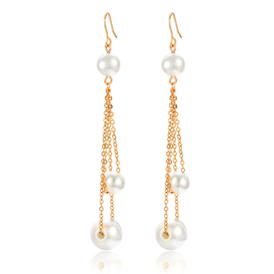 K Gold Long Tassel Imitation Pearl Earrings