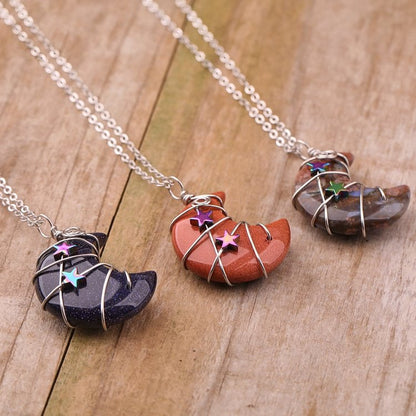 Quartz Crystal Moon Wire Wrapped Star Necklace