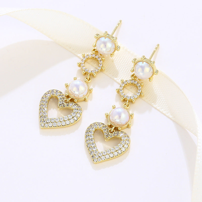 Micropaved Zirconia Heart-shaped Imitation Pearl Earrings