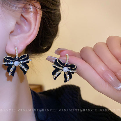 Silver Needle Zircon Bow Pearl Earrings