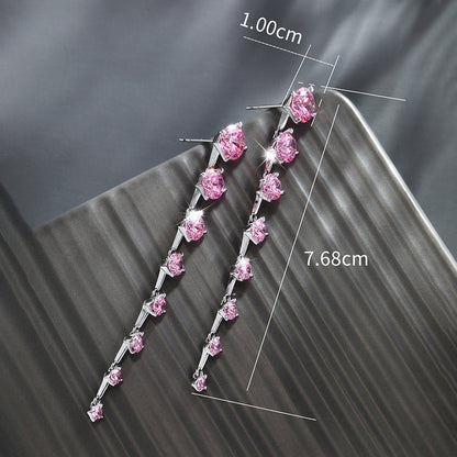 Sakura Pink Zirconia Long Tassel Earrings