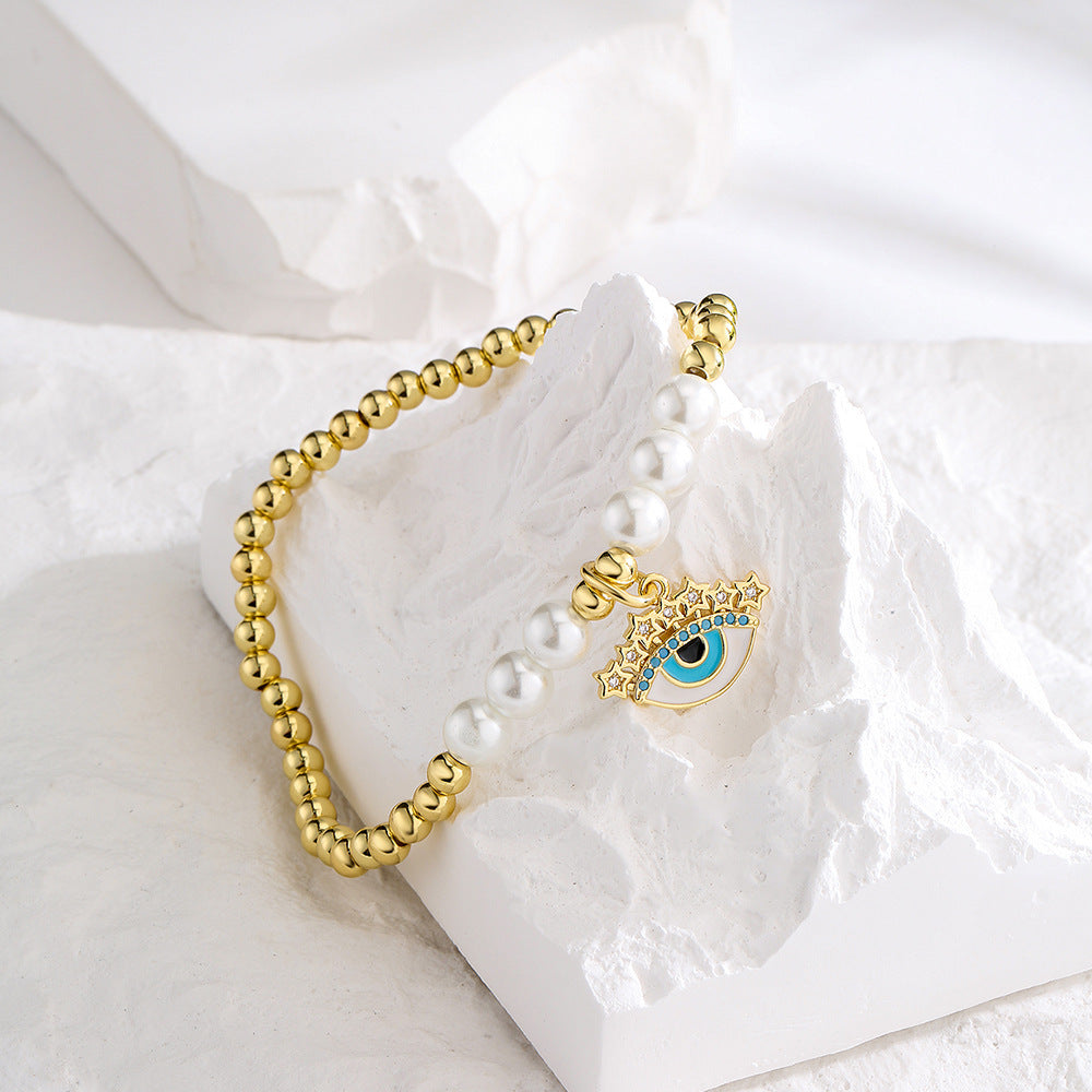 Halo Evil Eye Pendant Pearl Bead Bracelet