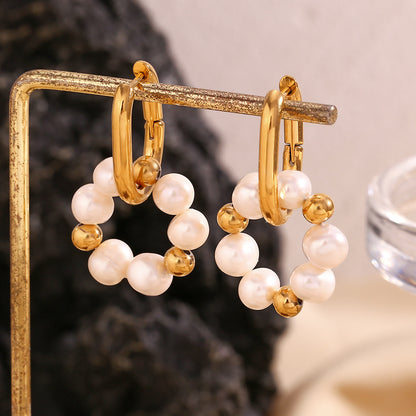 Stainless Steel Pearl Flower U-shaped Earrings