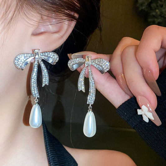 Cute Full Stones Oval Square & Bow Drip Tassel Earrings