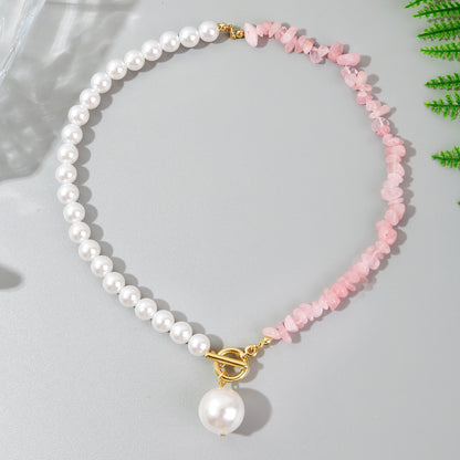Half Design Pearls & Irregular Pink Stones Link Necklace