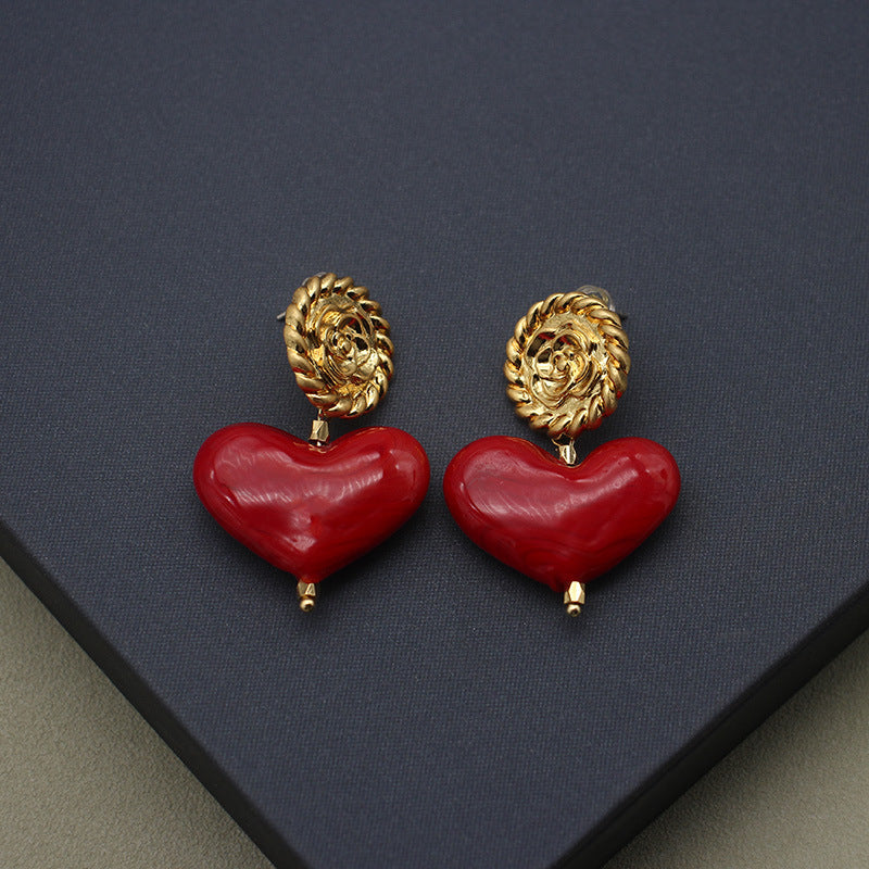 Small Red Love Hand-fired Glass Retro Earrings