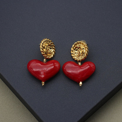 Small Red Love Hand-fired Glass Retro Earrings