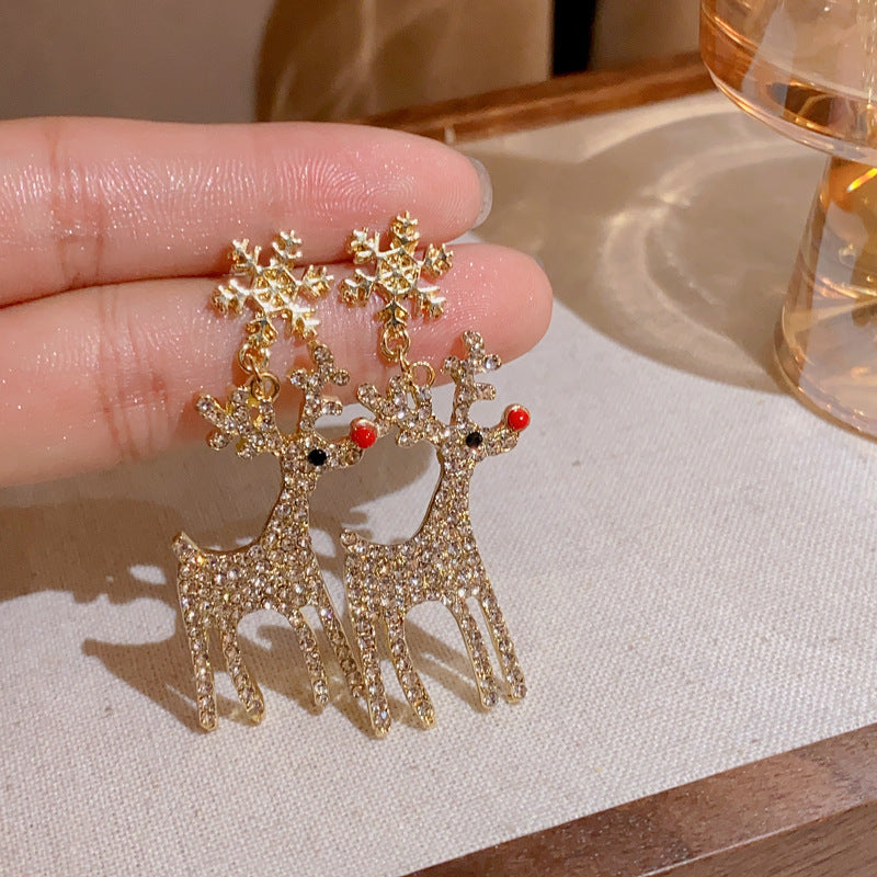 Cute Full Stones Elk & Snowflake Drop Earrings