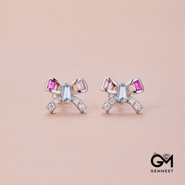 S925 Sterling Silver Color Rectangular Zircon Bow Earrings