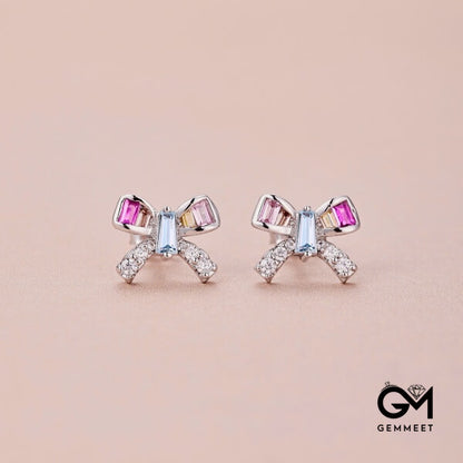 S925 Sterling Silver Color Rectangular Zircon Bow Earrings