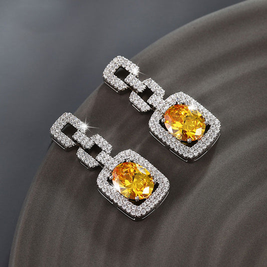 French Retro Square Full-set Zircon Large Gemstone Earrings