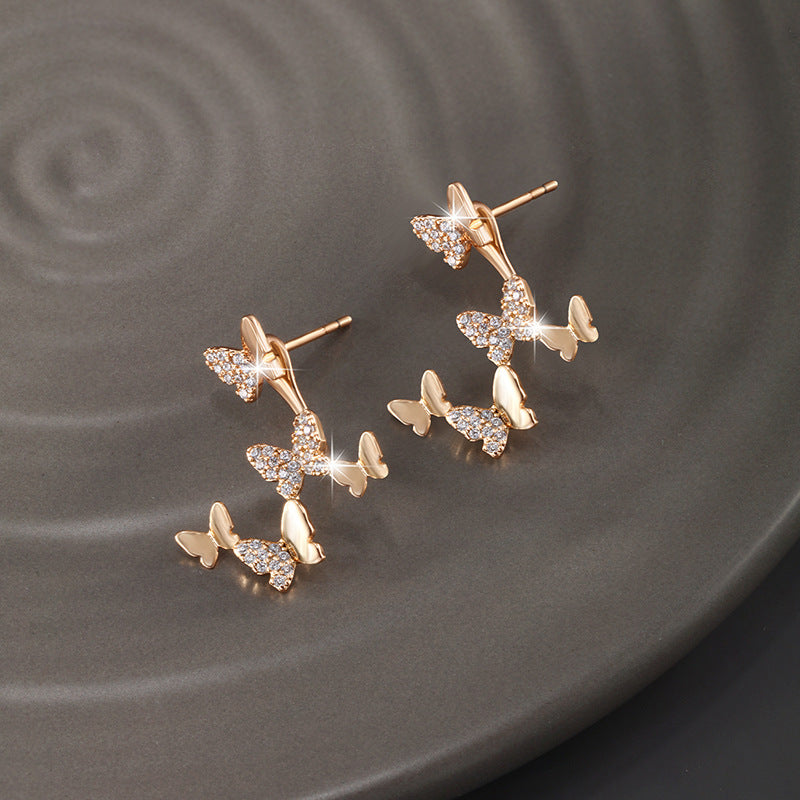 Two-wear K-plated Gold-plated Butterfly Zircon Temperament Earrings