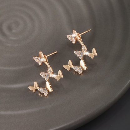 Two-wear K-plated Gold-plated Butterfly Zircon Temperament Earrings