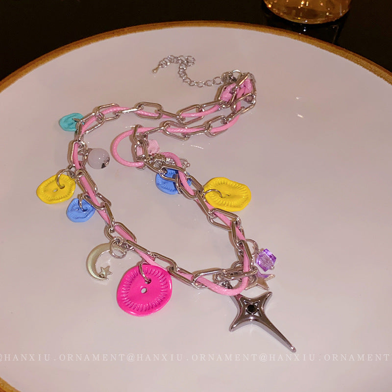 Irregular Button Star-moon Necklace