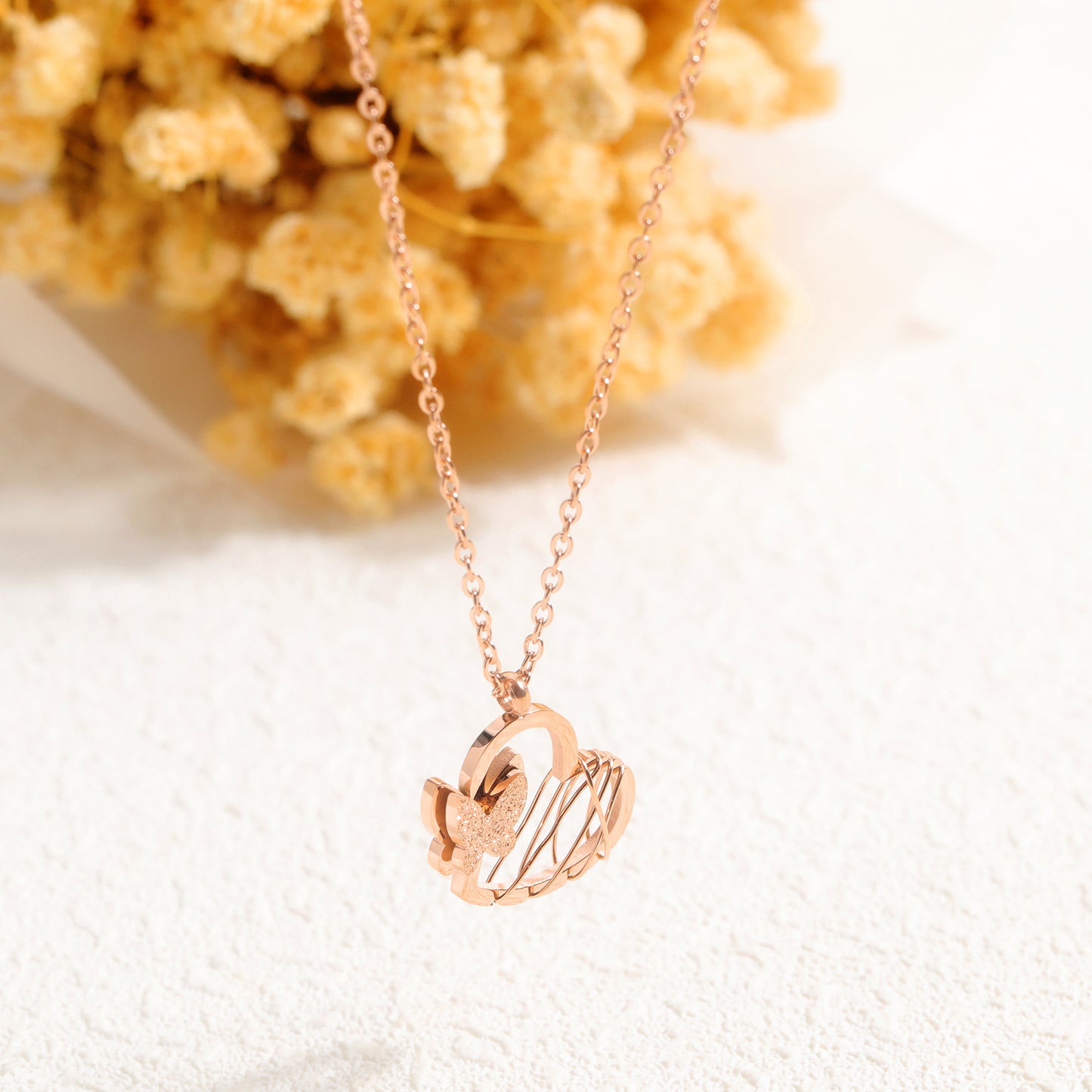 Titanium Steel Butterfly Love Rose Gold Necklace