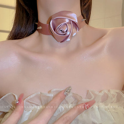 Fabric Rose Studded Punk Necklace