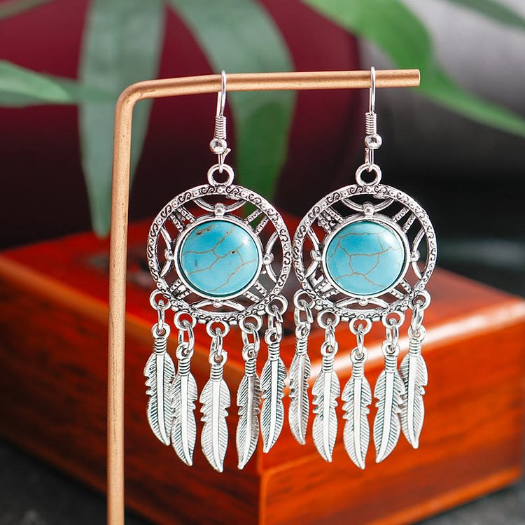 Turquoise Color Silver Feather Tassel Earrings