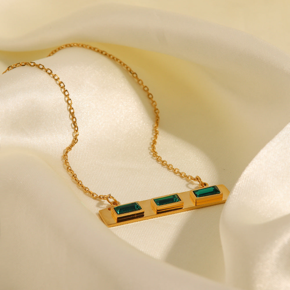 Stainless Steel Green Rectangular Zircon Necklace