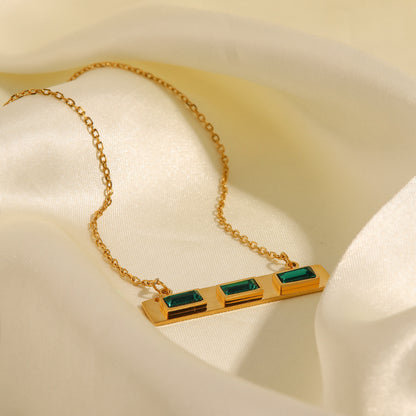 Stainless Steel Green Rectangular Zircon Necklace