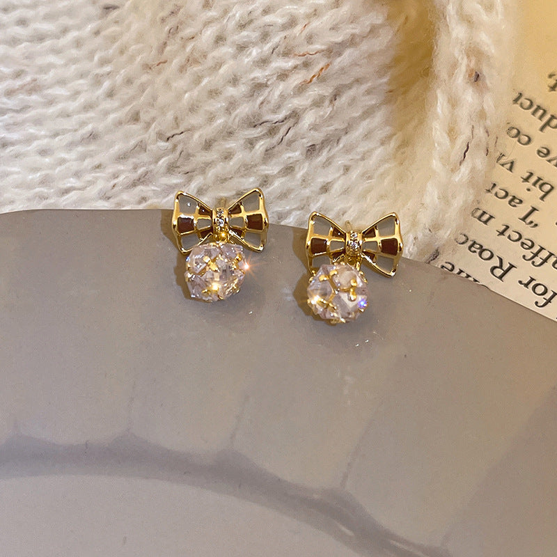 Electroplated Chequered Bow Zircon Ball Earrings
