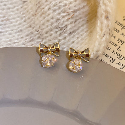 Electroplated Chequered Bow Zircon Ball Earrings