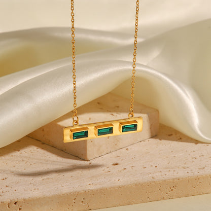 Stainless Steel Green Rectangular Zircon Necklace