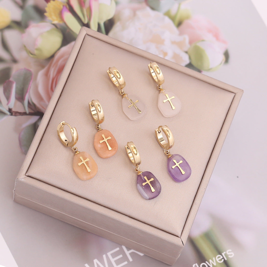 Bohemia Cross Totem Color Stone Dangle Earrings