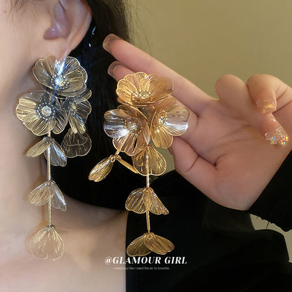 Stylish Long Tassel Earrings with Diamonds and Flowers