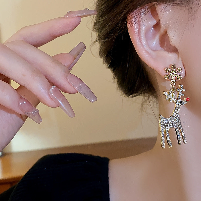 Cute Full Stones Elk & Snowflake Drop Earrings