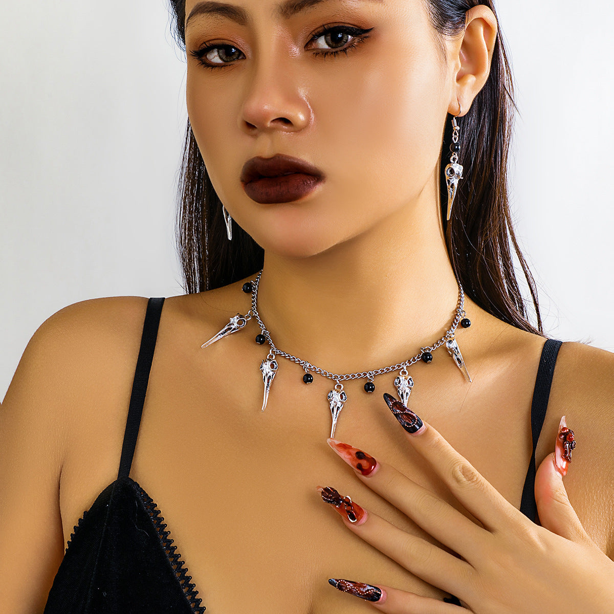 Halloween 2 Pcs Bird Skull Necklace & Earrings Set
