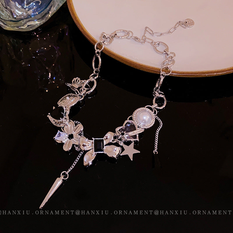 Zircon pearl five-pointed star bow conical necklace