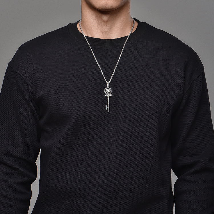 Sterling Silver Vintage Skull Key Pendants Necklace