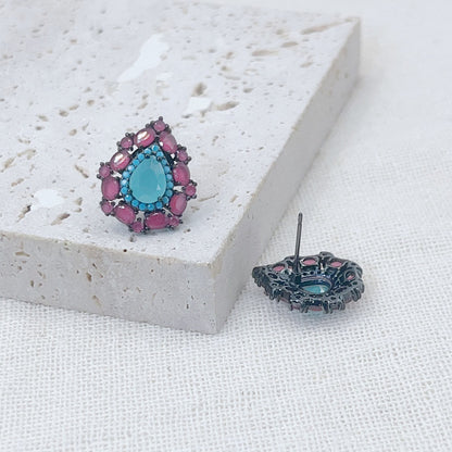 Turquoise Pear-Shaped Pink Zircon Inlaid Earrings