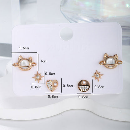 One Card Three Pairs Set Cat Love Star Stud Earrings