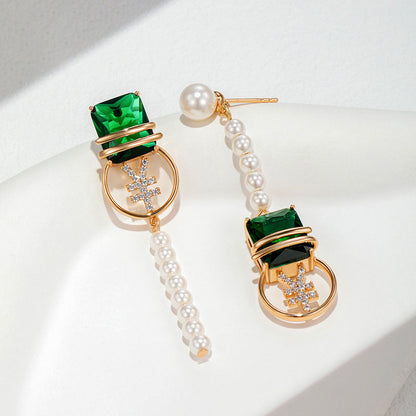 Vintage Green Zircon Imitation Pearl Earrings