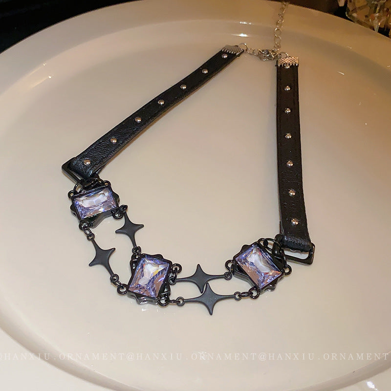 Leather Zircon Square Cross Necklace