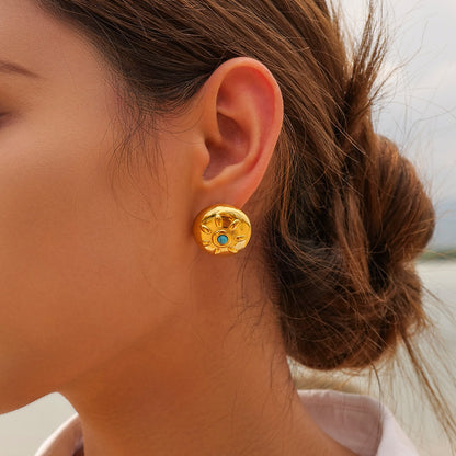 Gold Stainless Steel Turquoise Stud Earrings