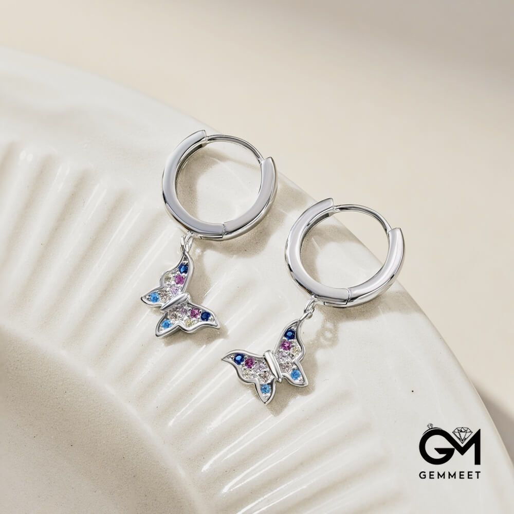 S925 Sterling Silver Colored Round Zircon Butterfly Earrings