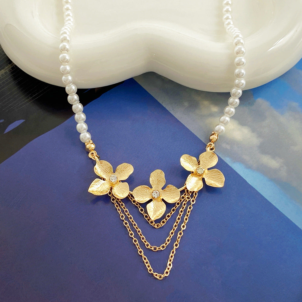 Metallic Microinlay Flower Pearl Necklace