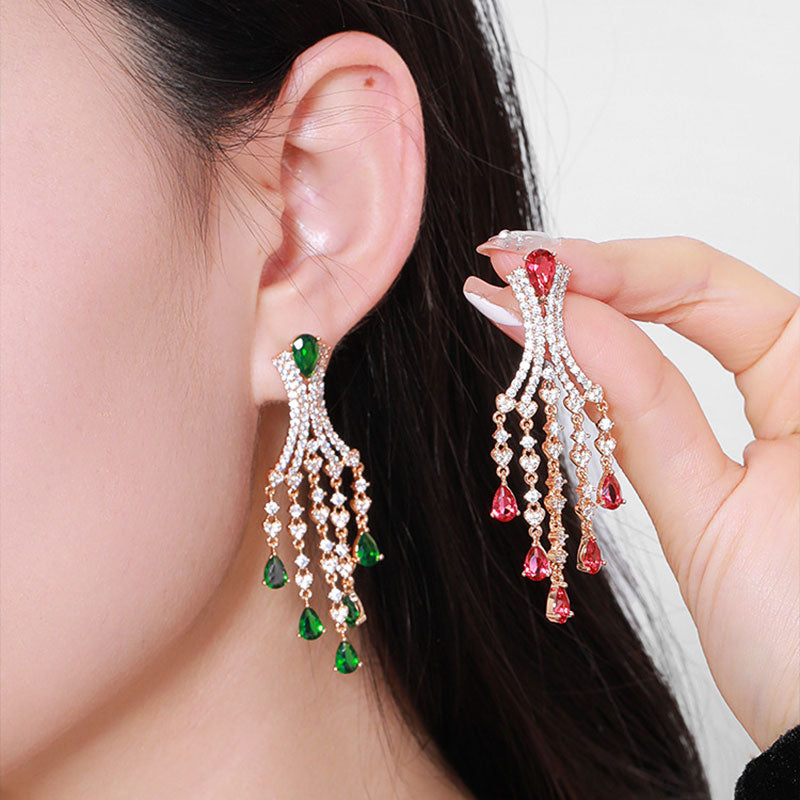 Chinese Tassel Inlaid Colorful Zircon Earrings
