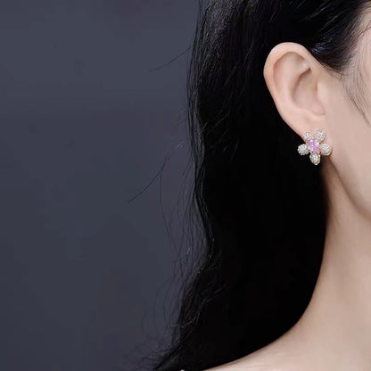 Micropaved CZ Flower Asymmetric Stud Earrings