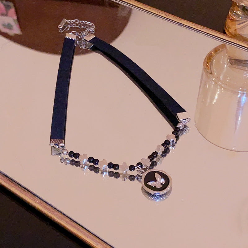 Cross Round Leather Butterfly Necklace