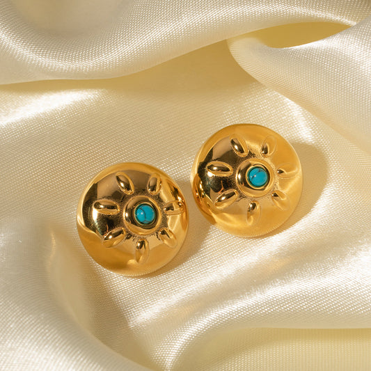 Gold Stainless Steel Turquoise Stud Earrings