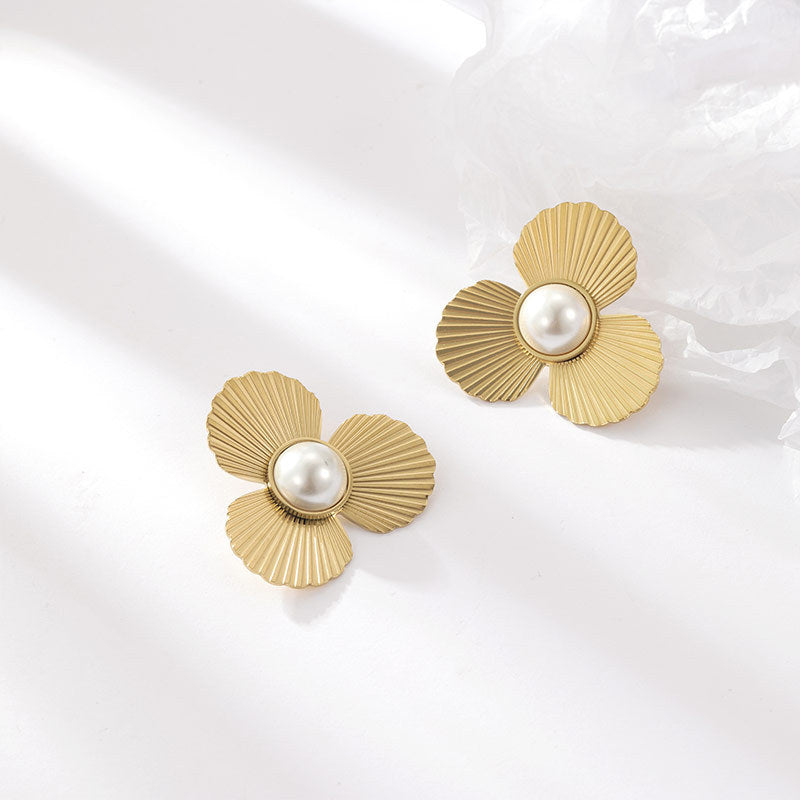 Gold Titanium Steel Pearl Flower Earrings